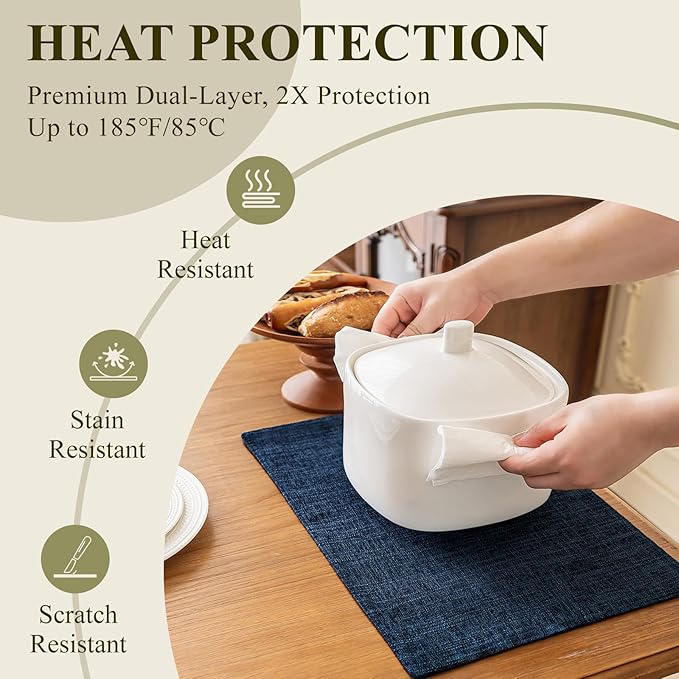 KXN Placemats Set of 6, Dual-Layer Thickened Faux Linen Table Mats, Heat Resistant & Wrinkle-Free, Machine Washable Cloth Place Mats for Kitchen Dining Indoor Outdoor (Navy Blue)