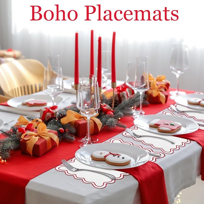 12 Set Linen Placemat 13x19 Wavy Embroidery Scalloped Placemat Double Layered Washable Farmhouse Dinner Table Mat Fabric Napkin for Christmas Hotel Restaurant Wedding Party(White&red)