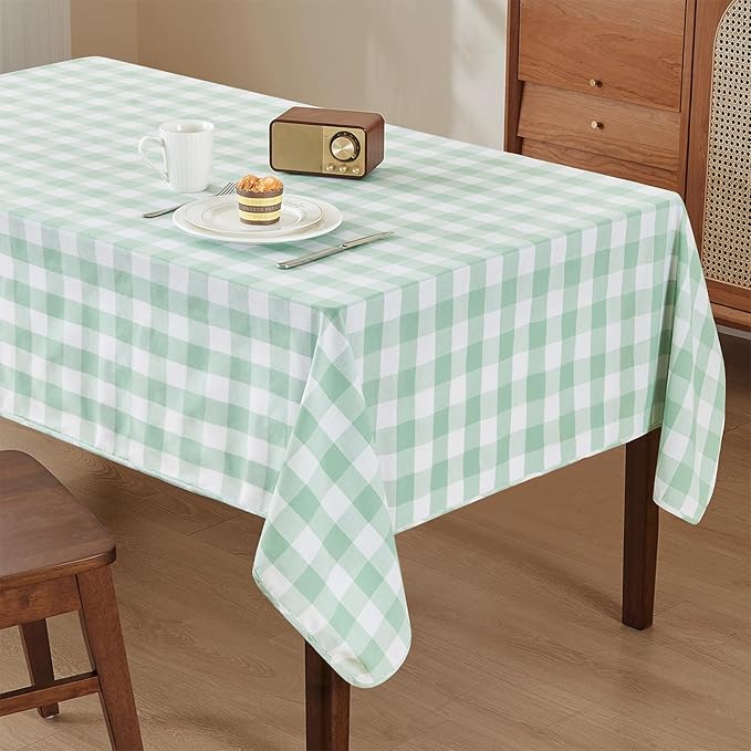 Yarn Dyed Cotton Blend Table Cloth Rectangle Table Cover 55x71 Inches Waterproof Indoor/Outdoor Green and White Checkered Gingham Rectangle Tablecloth for Dining Room BBQs Buffet Camping