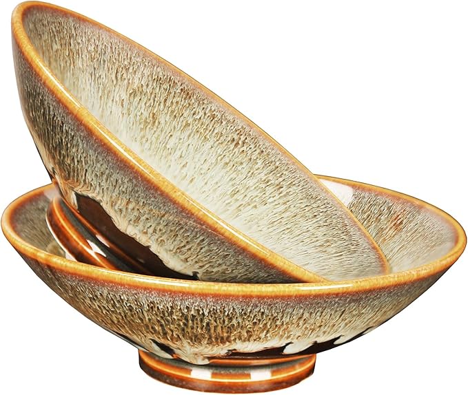 Ceramic Japanese Ramen Noodle Soup Bowl Set of 2, For Ramen, Pho, Soup, Salad, pasta, Asian Dishes,Udon noodles,Chinese Large Ramen Bowl - Microwave dishwasher oven safe, Brown 8.2 Inch