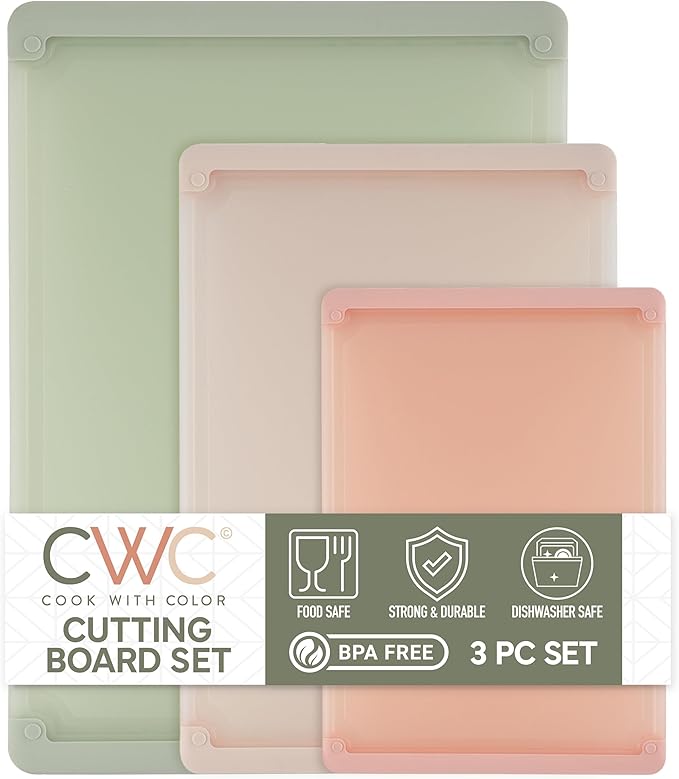 COOK WITH COLOR Extra Large Cutting Board Set, Jumbo-Sized Boards with Rubber Border for Enhanced Cooking Experience, 3-Piece, Sage Pink