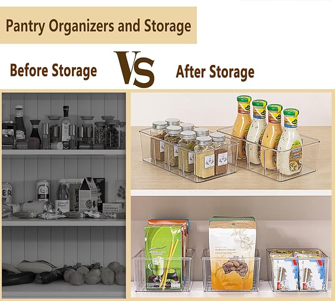8 Pack Refrigerator Organizers and Storage,Clear Plastic Storage Bins with 3 Dividers for Pantry,Kitchen,Fridge Organization and Storage,Snack Containers for Spice Packets,Tea bag organizer