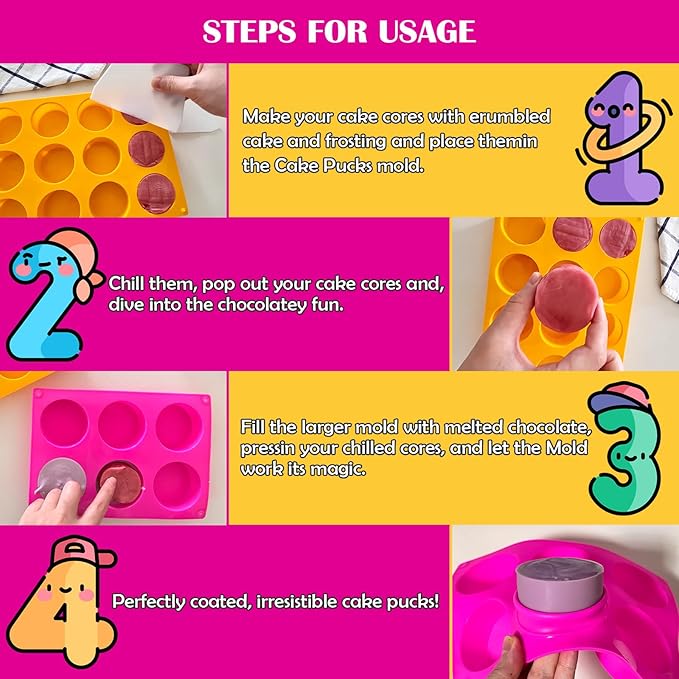 Cake Puck Mold Set, 12-Cavity Chocolate Covered Oreos Silicone Molds, Round CakePop Molds with 2 Spatulas for DIY Cake Cores, Cakepucks, Chocolate Desserts