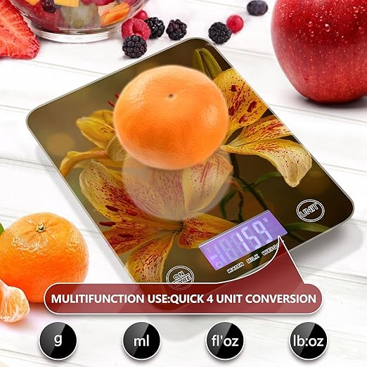 Yellow Lilies Flowers Food Scale Kitchen Digital Scale Food Ounces and Grams Dieting Baking Cooking Waterproof Glass Panels LCD Display,4 Units Tare Function