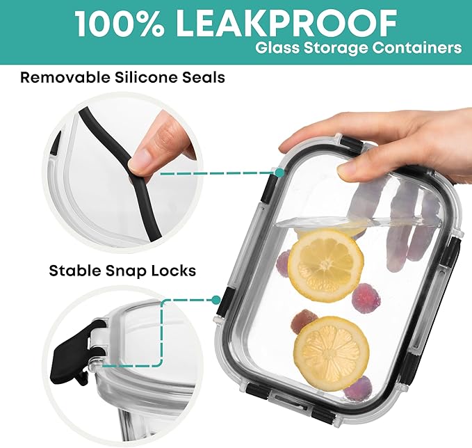 Razab 30 PC Glass Food Storage Containers with Lids - Reusable Glass Meal Prep Containers for Lunch and Leftovers - Airtight & Leakproof Snap Locking Lids - Oven, Freezer, Microwave, Dishwasher Safe