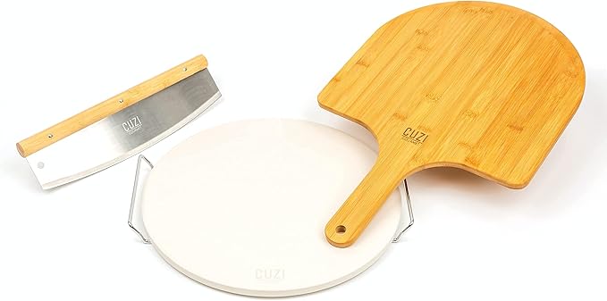Cuzi Gourmet XL 4-Piece Pizza Stone Set - 15" Thermal Shock Resistant Cordierite Baking Stone, 22" Natural Bamboo Peel & Cutter Rocker - Large Stone for Grill and Oven