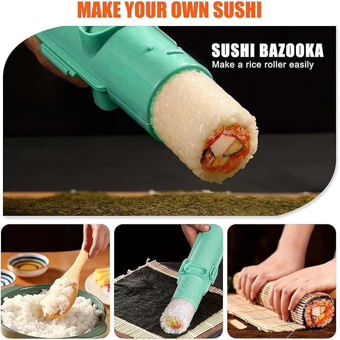 Sushi Making Kit & Musubi Maker Kit - for Beginners & Pros with Sushi Roller Bazooka, 2 Bamboo Mats, 2 Musubi Press Molds and Spam Slicer