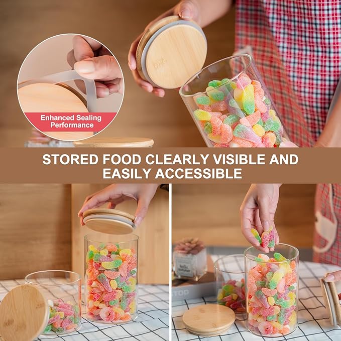 50oz Glass Food Storage Jars Set of 6,Glass Storage Containers Clear Glass Food Canister with Bamboo Lid Airtight For Serving Tea, Coffee, Flour, Sugar, Candy, Cookie, Spice and More (Round)