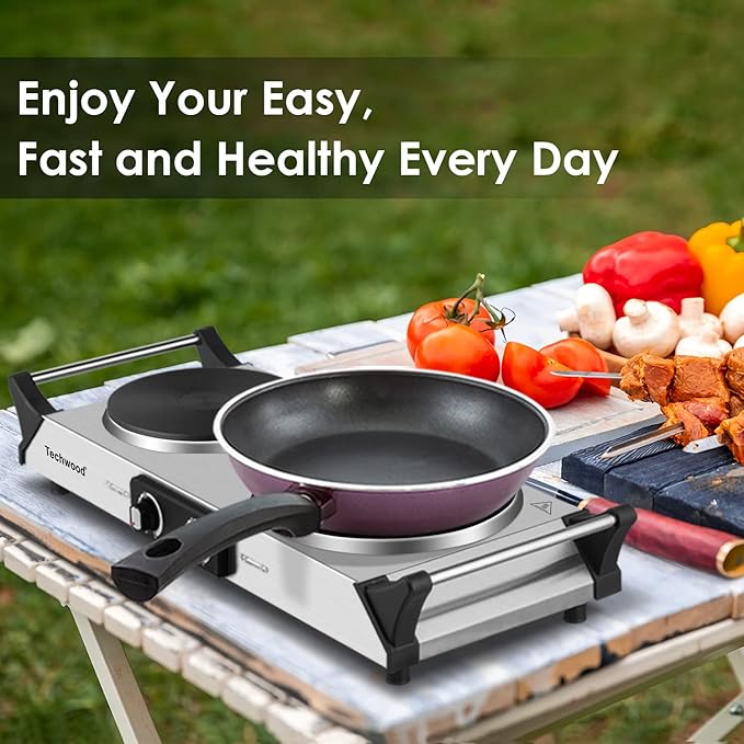 Hot Plate, Techwood Double Burner for Cooking, 1800W Countertop Electric Stoves with Adjustable Temperature & Stay Cool Handles, Dual Cooktop for RV/Home/Camp, Upgraded Version Stainless Steel, Silver