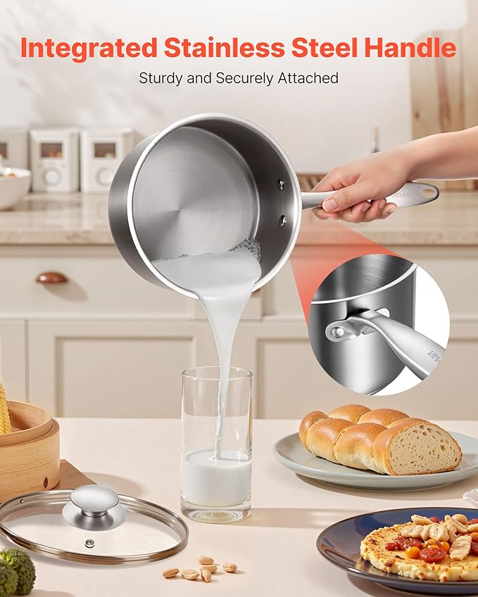 VEVOR Stainless Steel Saucepan Set, 1 QT & 2 QT & 3 QT Saucepans with Glass Lids, Multipurpose Nonstick Stainless Steel Sauce Pot with Ergonomic Handle, Friendly for Oven, Dishwasher, Induction Cooker