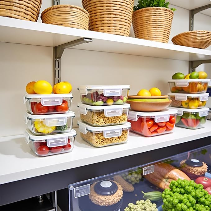 16PC Square Glass Storage Containers With Lids, 2 Cup Square Glass Food Containers With Lids, BPA free Small Meal Prep Bowls for leftovers, Dishwasher, Freezer Safe (8 lids & 8 Containers)