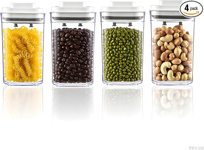 Pop Top Food Storage Container Set | 4Pcs Airtight Cereal Storage Organizer Canisters with Pop Lids, BPA-Free, Vacuum Seal & One-button Opening, Stackable Pantry Containers for Dry Food Storage