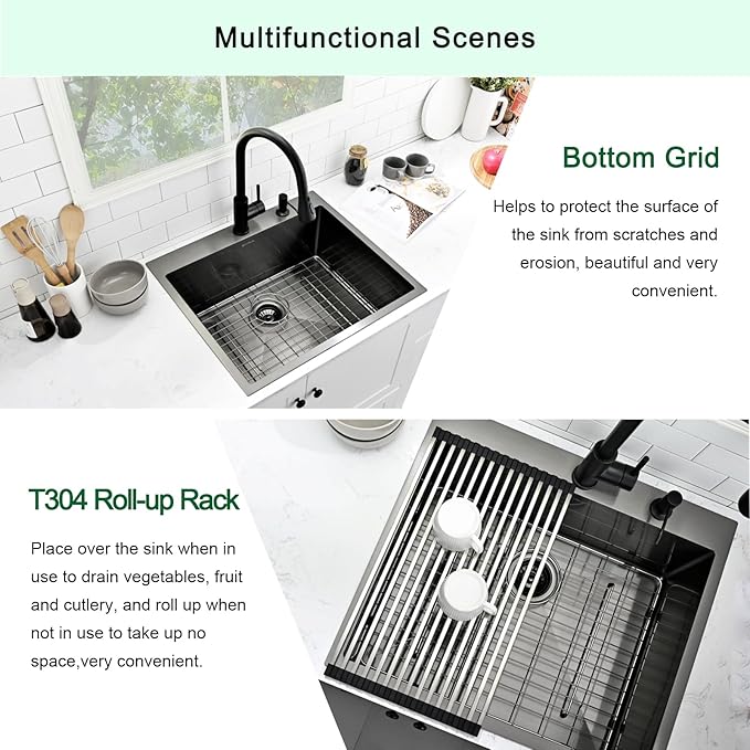 Drop In Kitchen Sink, 25 x 22 Inch Single Bowl Topmount Sink 16 Gauge T-304 Stainless Steel Gunmetal Black Kitchen Sinks