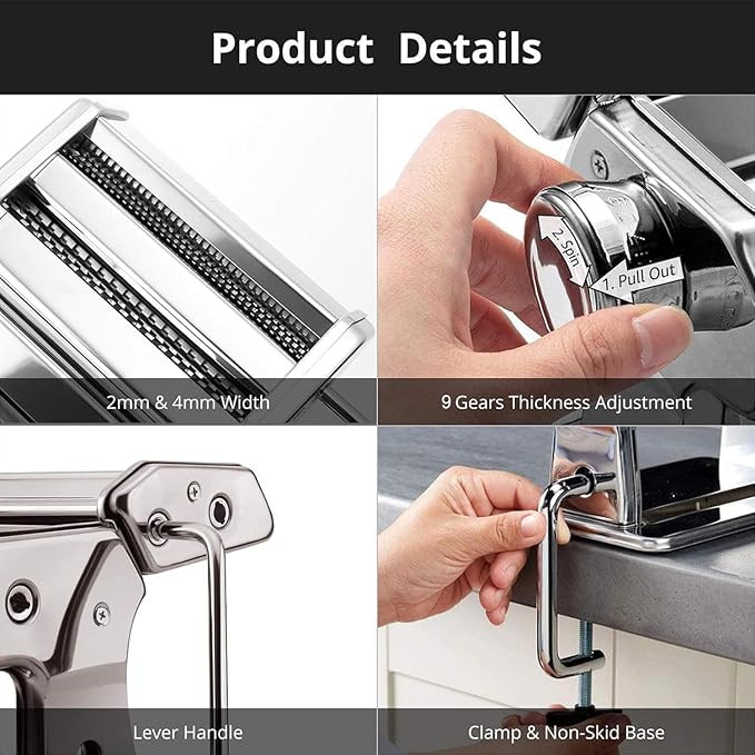 Pasta Maker, METLUCK Stainless Steel Pasta Machine Manual Roller Pasta Maker with 9 Thickness Settings for Spaghetti Linguine Fettuccine Lasagne, Includes Dough Cutter & Hand Crank