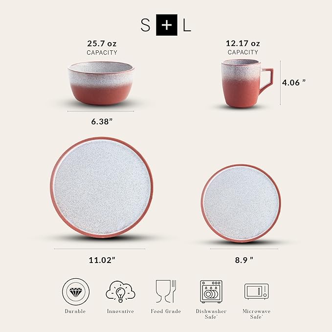 Stone Lain Vince Rustic Stoneware Dinnerware Set, Service for 8, Red, 32 Piece Service for 8