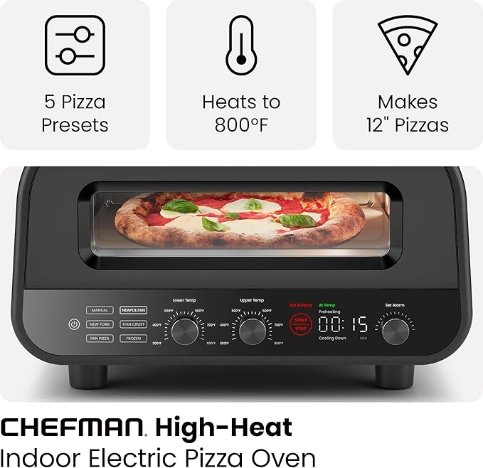 CHEFMAN Indoor Pizza Oven - Makes 12 Inch Pizzas in Minutes, Heats up to 800°F - Countertop Electric Pizza Maker with 5 Touchscreen Presets, Pizza Stone and Peel Included - Stainless Black