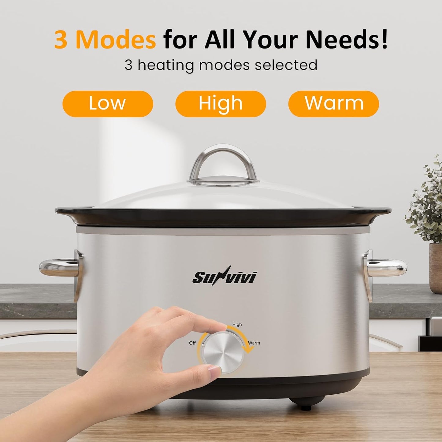 Sunvivi Small Slow Cooker 4QT, Mini Food Warmer with 3 Heating Settings, Removable Ceramic Pot, Dishwasher Safe Glass Lid, Stainless Steel, Silver