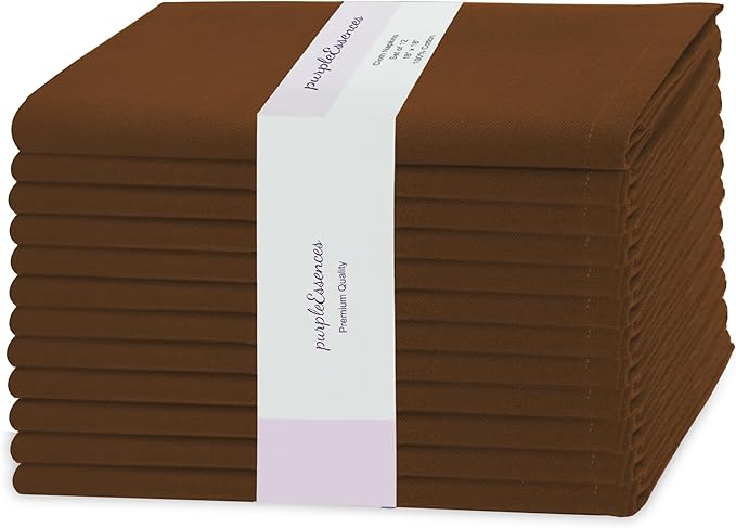 PurpleEssences Set of 12 Cloth Dinner Napkins 100% Cotton 18x18 Inch - Soft Durable Washable - Ideal for Farmhouse Party Fall Thanksgiving - Perfect Everyday Use Table Linen - Nut Brown