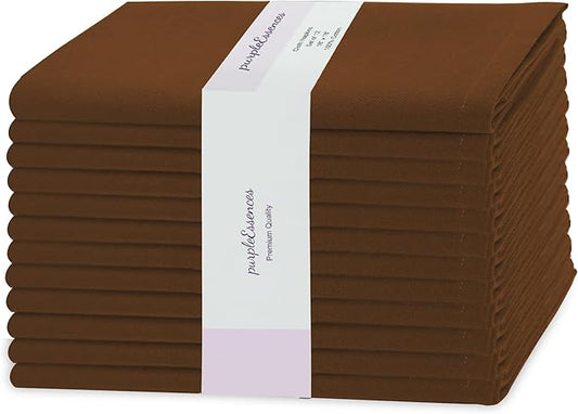 PurpleEssences Set of 12 Cloth Dinner Napkins 100% Cotton 18x18 Inch - Soft Durable Washable - Ideal for Farmhouse Party Fall Thanksgiving - Perfect Everyday Use Table Linen - Nut Brown