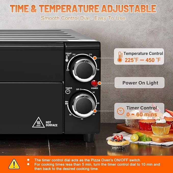 Anatole Electric Pizza Oven 12" 1800W Indoor Countertop Pizza Maker Time Temperature Adjustable Multifunctional Pizza Cooker with Removable Grill Crumb Tray ETL Certified