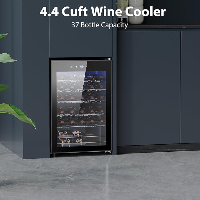 Wine Cooler Refrigerator 4.4Cu.ft, 37 Bottle Freestanding Cabinet Wine Cellars, Wine Fridge with Glass Door for Home Use, Protecting Your Reds and Whites