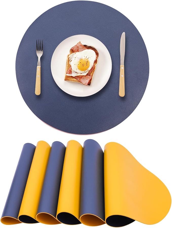Faux Leather Placemats Set of 6 Reversible,Round PU Placemat for Dining Table,Waterproof Table Mats Heat Resistant Wipeable Anti Slip Washable,Modern Table Protectors(Navy Blue and Yellow)