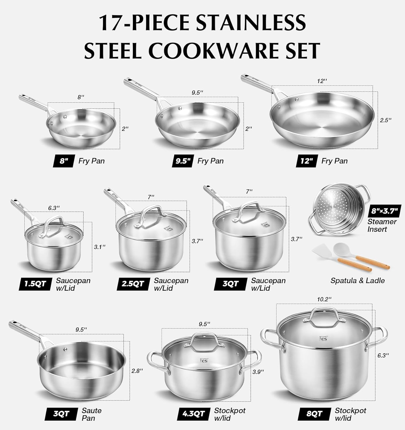 KOCH SYSTEME CS Stainless Steel Cookware Set 17 Piece, Professional 18/10 Stianless Steel Pots and Pans Set, 5-Layer Base, Oven & Induction Safe, Non-Toxic Kitchen Cookware Set for Family Cooking