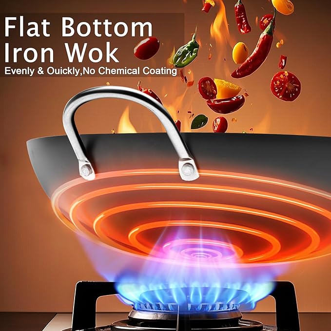 WANGYUANJI 14.2-Inch Pure Iron Wok with Lid, Flat-Bottom Uncoated Stir-Fry Pan for Induction/Gas/Electric, Traditional Chinese Wok with Tempered Glass Lid & Wood Handle