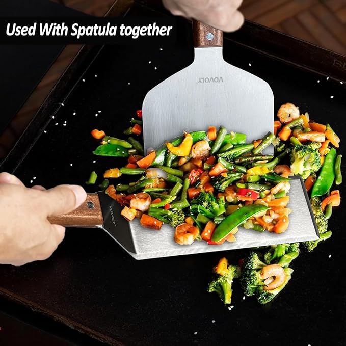 Vovoly Extra Wide Griddle Scraper, 5.5''x5.5'' Smashed Burger Scraper Grill Scraper Spatula Burger Turner - Full Tang Wooden Handle Professional Grade Grill Accessories, Knife Grade Stainless Steel