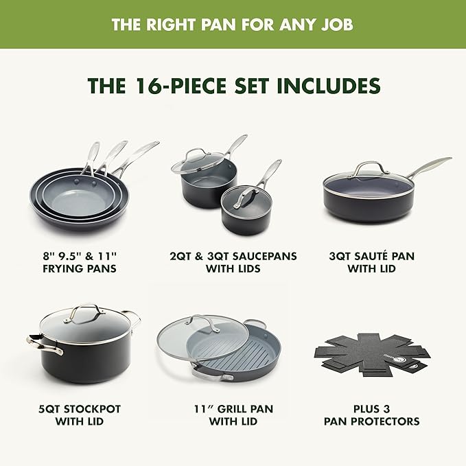 GreenPan 16 Piece Valencia Pro Ceramic Nonstick Cookware Set, PFAS-Free, Induction Ready, Hard Anodized Pots & Pans with Lids, Compatible on All Cooktops, Dishwasher & Oven Safe, Gray