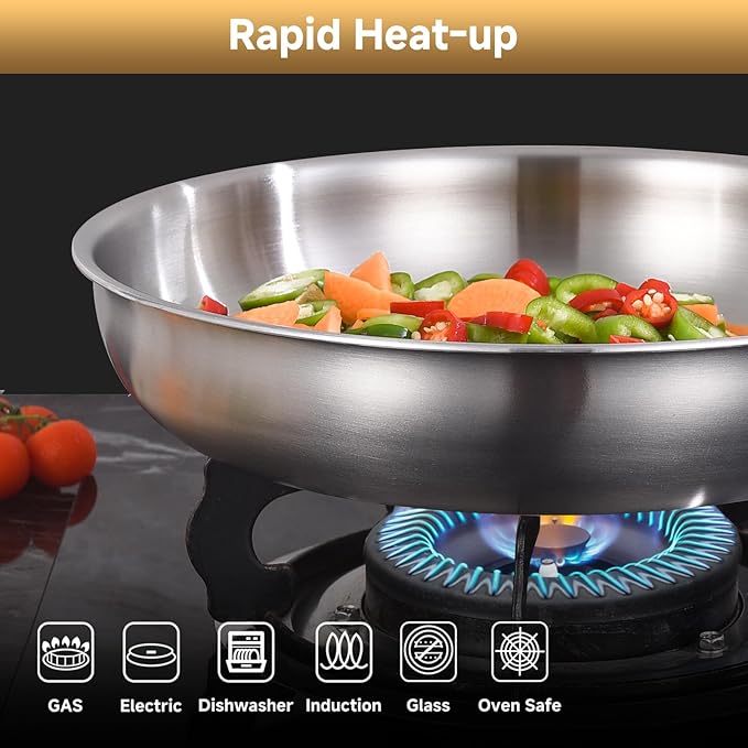 Inqibee 12 Inch Tri-Ply Stainless Steel Frying Pan with Lid, Skillet, Induction Cooking Pan, Dishwasher Safe, Detachable Large Handle