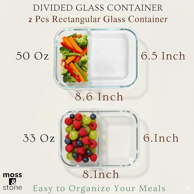 Moss & Stone 4-Pack Divided Kitchen Glass Food Storage Containers Set with Lids – Reusable 2-Compartment Glass Meal Prep Containers for Kitchen, Lunch or Fridge, Airtight Snap-Lock – 2 Sizes Included