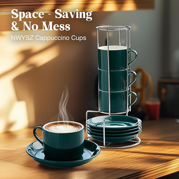 5 Ounce Green Porcelain Stackable Espresso Cups with Stainless Steel Holder, Set of 4, Durable Ceramic, Perfect for Home, Office or Gift