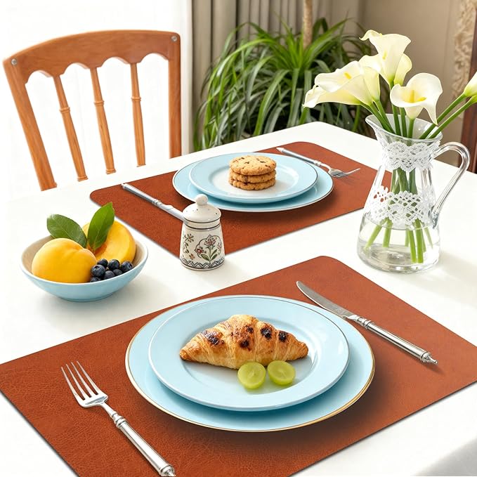 Vinyl Placemats Set of 6-12×17.7 Inch Waterproof & Heattable Placemats, Fall Faux Leather Wipeable Outdoor Table Mat for Dining, Kitchen, Indoor Outdoor Use(Camel, Cowhide Grain)