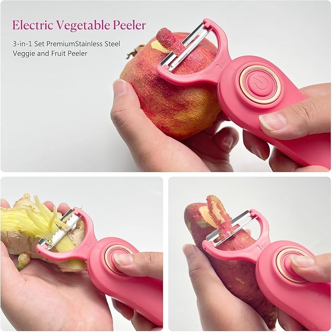 3-in-1 Electric Peeler | Auto Blade for Fruits/Vegetables | 3 Interchangeable Blades | Type-C Charging,Battery Capacity 1500 mAh | Kitchen, Travel, Camping