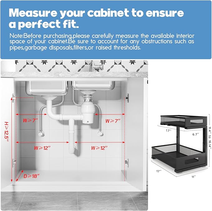 1 Pack 17IN Depth Under Sink Storage Organizer, Large 2-Tier Elegant Mesh Pull Out Shelf for Kitchen and Bathroom Cabinet Organization, L-Shaped and Adjustable Height Design-Black
