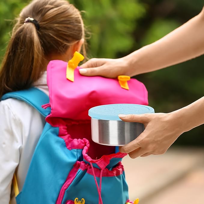 Stainless Steel Food Container, Set of 6, Nesting Bowls with Colorful Lids, stackable leakproof Metal Lunch Box Set for Kids, Daycare, School, Travel. Sauce Salad dressing Container to go (Harmony)