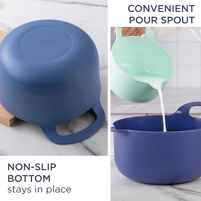 COOK WITH COLOR Nesting Plastic Mixing Bowl Set with Pour Spouts and Handles, Blue, 6 Piece Non-Slip