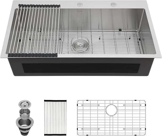 Lordear 36 Drop in Kitchen Sink - 36 x 19 Inch Topmount Kitchen Sink 16 Gauge Stainless Steel Single Bowl Deep Handmade Overmount Kitchen Sink with Drain Strainer