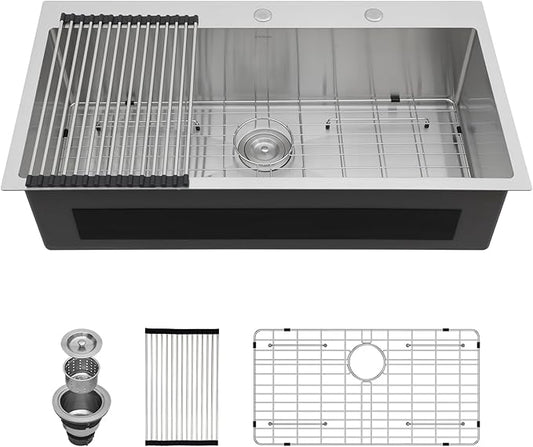 Lordear 36 Drop in Kitchen Sink - 36 x 19 Inch Topmount Kitchen Sink 16 Gauge Stainless Steel Single Bowl Deep Handmade Overmount Kitchen Sink with Drain Strainer