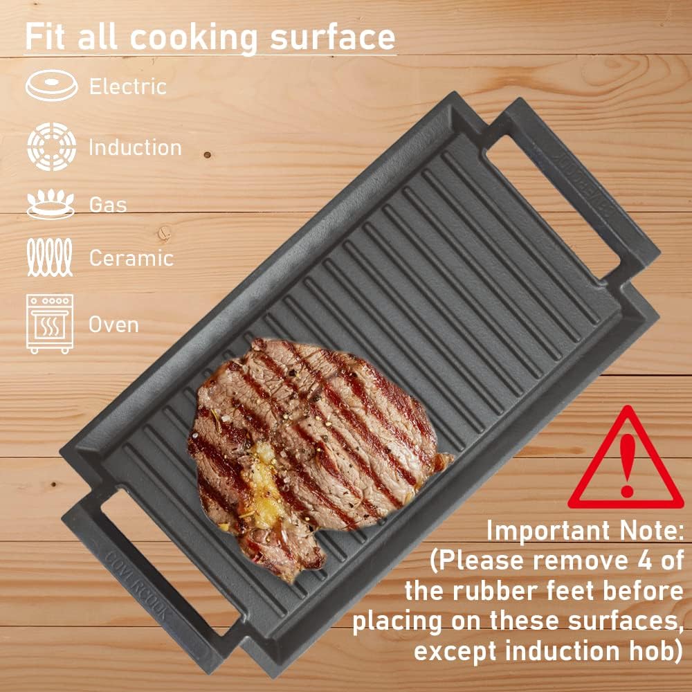 COVERCOOK Griddle Pan, Cast Iron Grill Hot Plate, Rectangular Grill, 2 handles with Ridged Surface for Induction Electric Cooktop，16 x 9inch