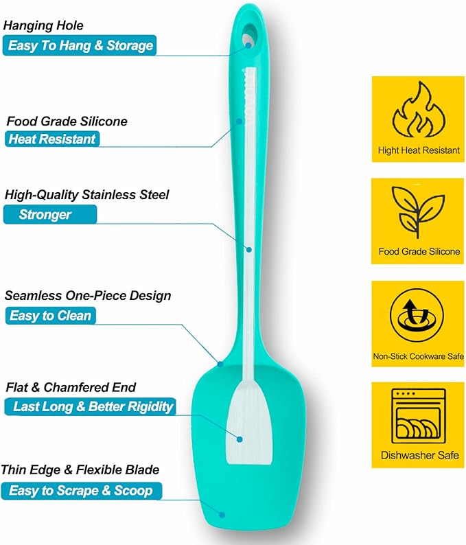 Silicone Spatula Set, High Heat Resistan Rubber Spoon Spatula, Non-Stick Spoonula with Seamless One Piece Design, Flexible Scrapers Baking Mixing Tool, 3 Pack, teal