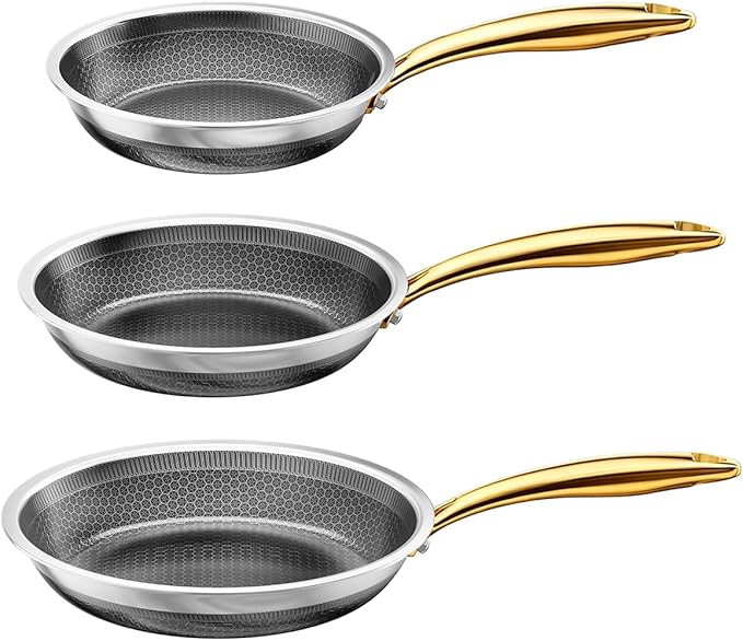 Fogdream 3PCS Pots and Pans Set Non Stick, Stainless Steel Pan, Dishwasher and Oven-Safe Frying Pan, PFOA Free and Induction Compatible Cookware Set, Gold