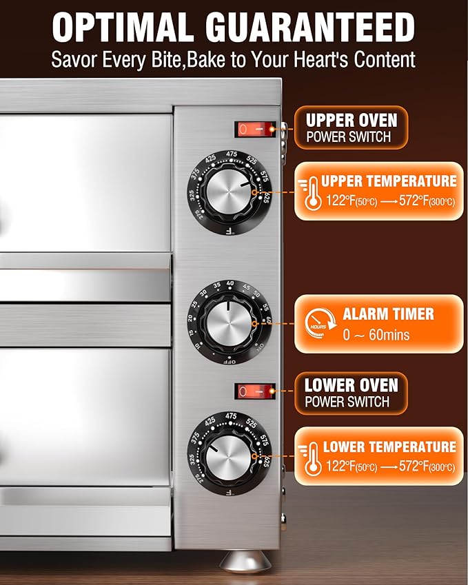 PYY Commercial Pizza Oven -12 Inch Double Decker Pizza Ovens 2-Layers Countertop Pizza Cooker Electric Indoor with Timer Stainless Steel Pizza Maker for Party Restaurant Home, Silver