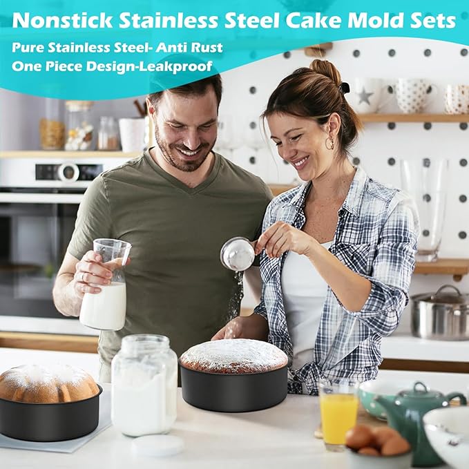 LIANYU 6 Inch Cake Baking Pans Set of 4, Stainless Steel Round Cake Bake Pan Non Stick, Fit in Pot Pressure Cooker Air Fryer, Healthy & Toxic Free, Leak-proof & Dishwasher Safe, Black