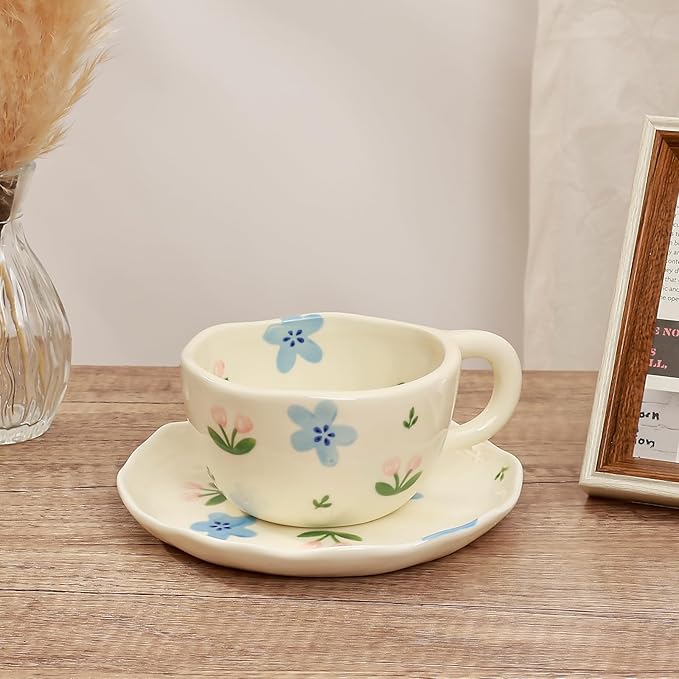Koythin Ceramic Coffee Mug with Saucers, Handmade Flowers Mugs, Cute Cup for Girl Women, Aesthetic Tea Milk Cup with Handle, 8.5 oz/250 ml for Latte, Cocoa, Office, Home (Blue Flowers and Tulips)