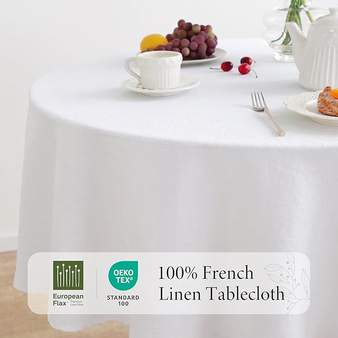 Linen World Linen Tablecloth, 100% French Linen Round Tablecloth 70" Inch, Washable White Tablecloth for Dining, Outdoor, Weddings and Restaurants, Decorative Valentine Easter
