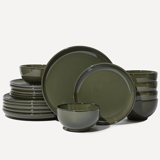 18 Piece Dinnerware Set for 6, Reactive Glaze Terracotta Plates and Bowls Set, Large Family-Sized Stoneware Dish Set for Gatherings, Chip and Scratch Resistant, Blackish Green