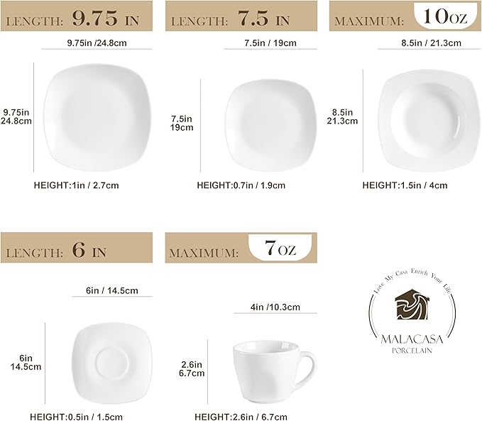 MALACASA 30 Piece Porcelain Dinnerware Set, Grey White Dish Set for 6, Square Ceramic Dishware Sets, Chip and Scratch Resistant Plates and Bowls Sets, Cups and Saucers, Series ELISA