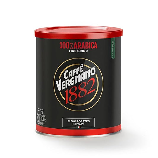 Caffè Vergnano Italian Finely Ground 100% Arabica Espresso Coffee – Intensity 6, Delicate & Subtly Fruity Flavor Blend, Slow Roasted with Notes of Milk Chocolate, Caramel & Nuts, 8.82 oz Tin